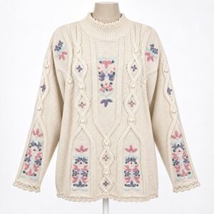Vintage 90s Floral Embroidered Cable Knit Sweater Plus Chunky Cottagecore Granny